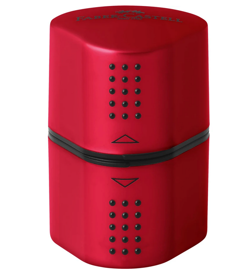 Red Pencil Sharpener Trio with three compartments for jumbo and regular pencils, designed for graphite and colored pencils.