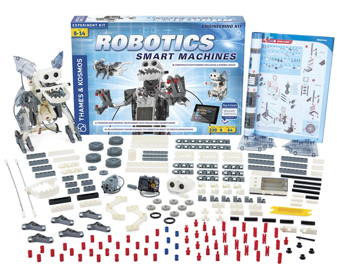 Robotics: Smart Machines kit with 230 building pieces, motorized robots, ultrasound sensor, and illustrated manual.