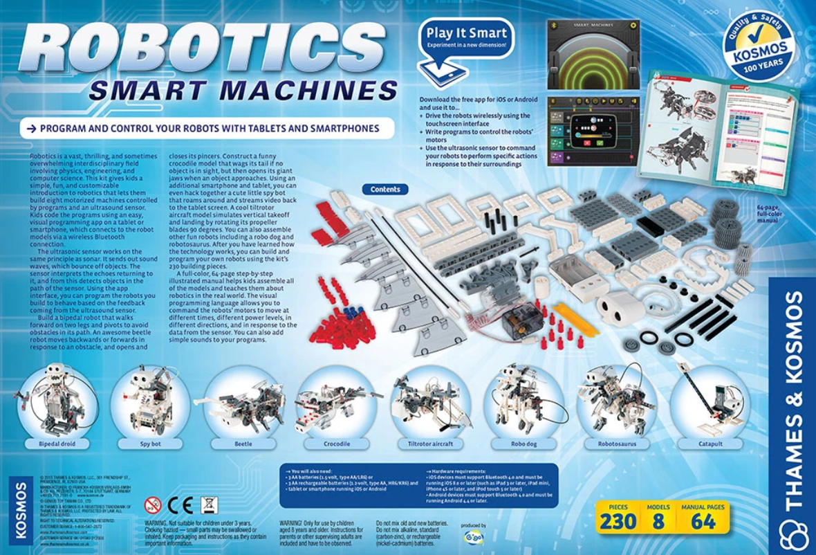 Robotics: Smart Machines kit with motorized robot models, ultrasound sensor, programming app, and building pieces.