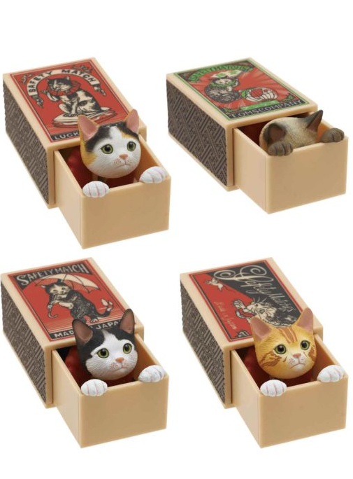 Cat Peek Matchbox Blind Box showing four cat figurines peeking out or hiding inside vintage-style matchboxes.