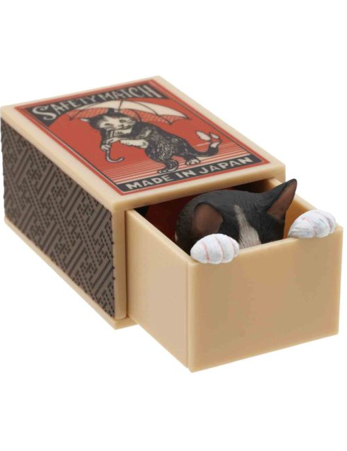 Cat Peek Matchbox Blind Box with a detailed black and white cat figure peeking out of a miniature matchbox.