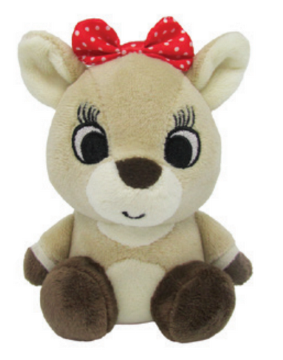 Rudolph | Mini Jingler plush with red polka dot bow, safe for all ages, machine washable, 4.75 inches tall.