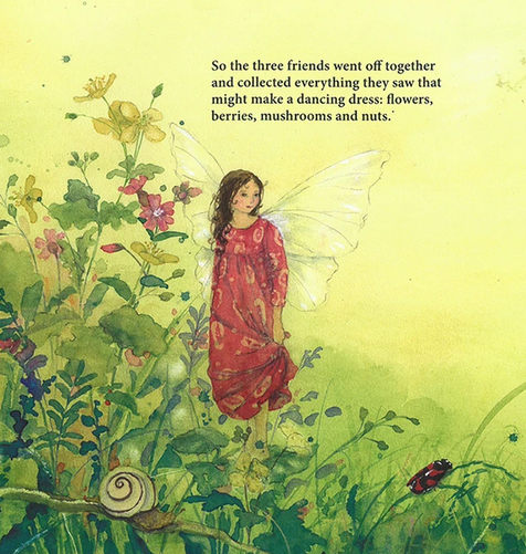 Little Fairy's Meadow Party showing fairy Faith in red dress collecting flowers, berries, mushrooms, and nuts in meadow.