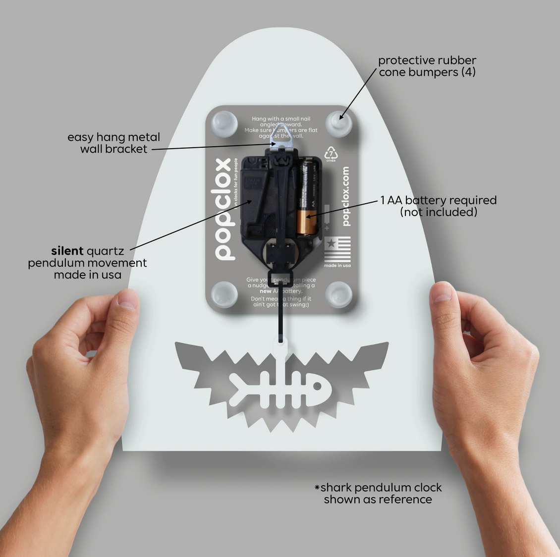 Acrylic Pendulum Clock | Hedgehog showing silent quartz movement, easy hang bracket, and battery compartment back view