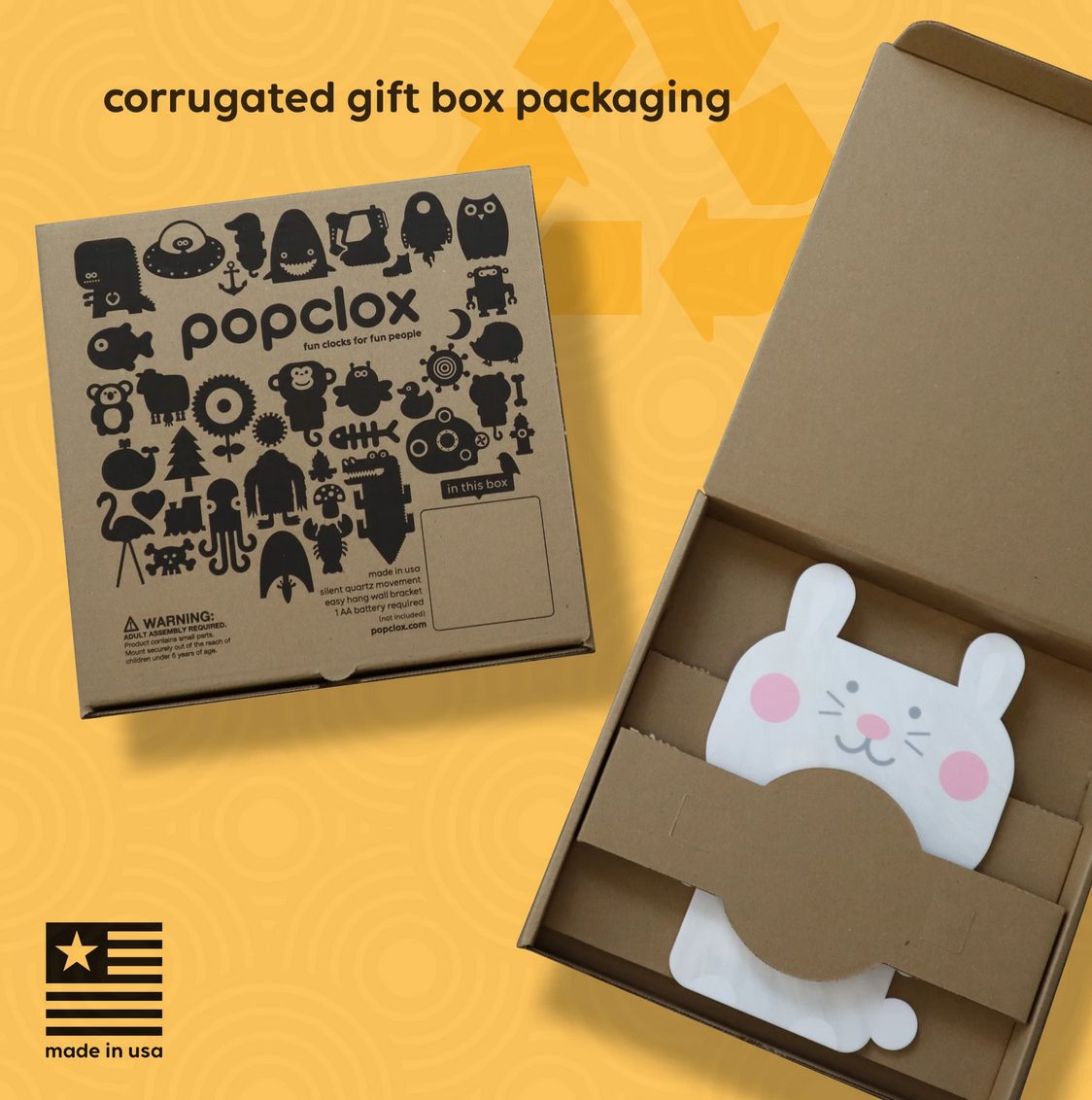 Acrylic Pendulum Clock | Hedgehog in eco-friendly corrugated gift box packaging, made in USA with secure wrapping and illustrated design.