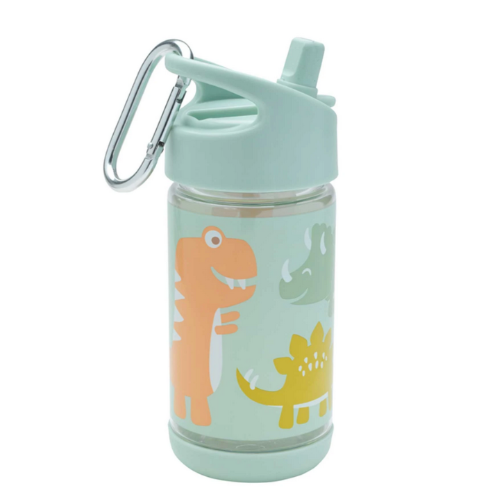 Baby Dinosaur Flip & Sip clear Tritan drink bottle with playful dinosaur design and mint green lid with carabiner.