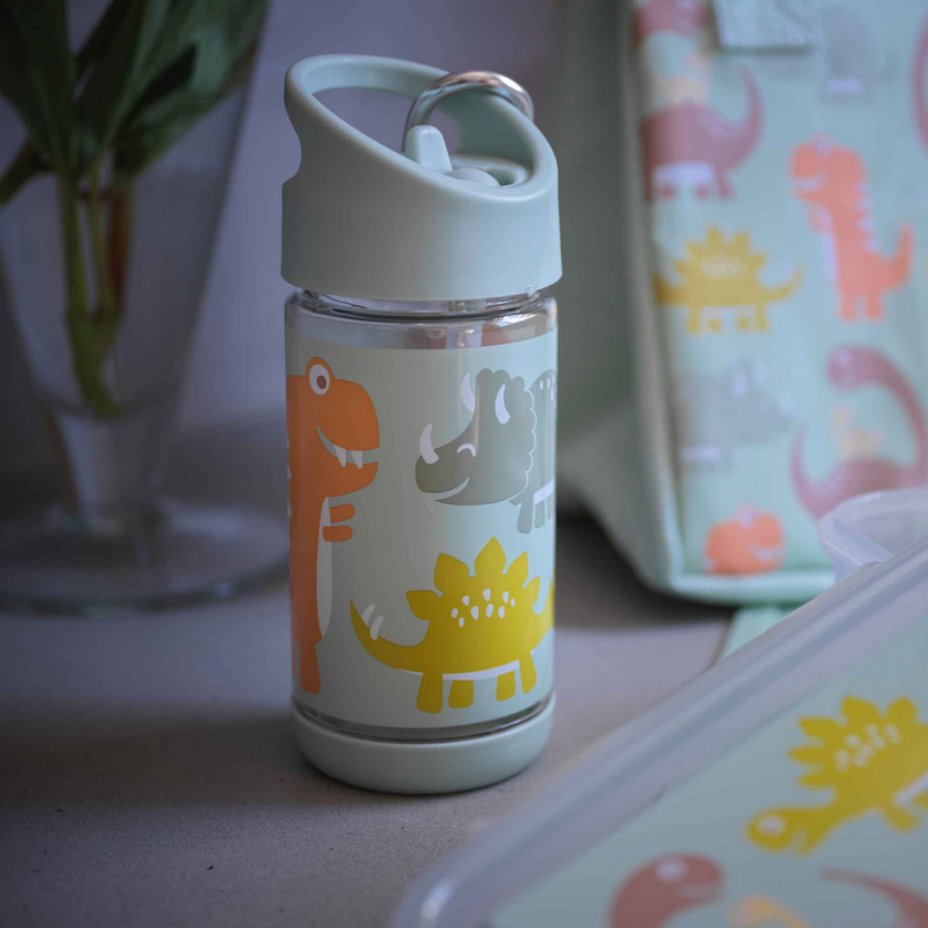 Clear Baby Dinosaur Flip & Sip with colorful dinosaur designs and a light blue lid with a carabiner for easy attachment.