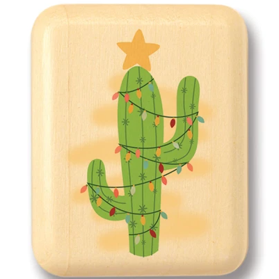 Christmas Cactus Box made of aspen wood with a sliding lid featuring a decorated cactus with holiday lights and a star.