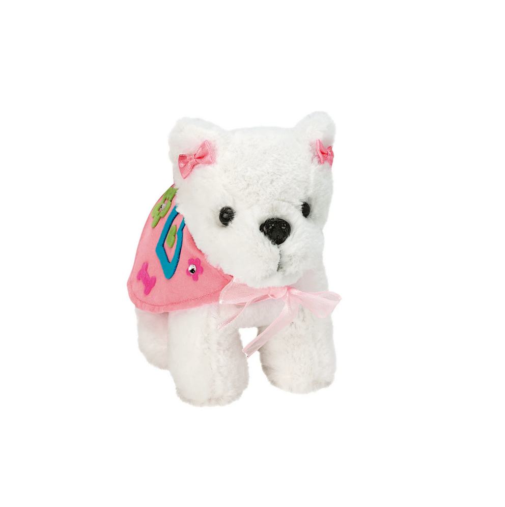 Designer Doggie plush dog with pink felt cape, bows, and rhinestone accents for imaginative play and sensory development.