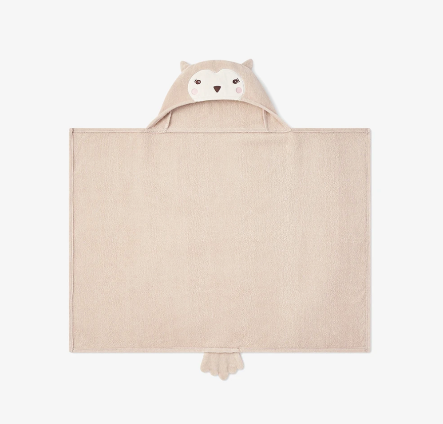 Owl Hooded Towel made of soft 100% cotton velour terry with cute hood and tail, perfect for babies 0-24 months.