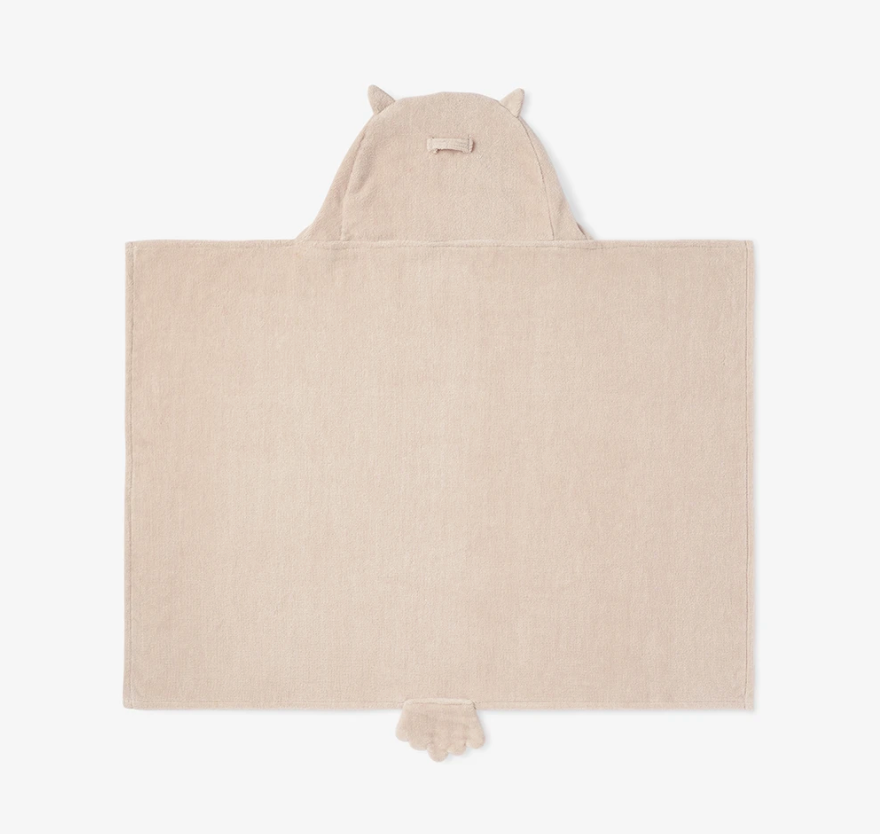 Owl Hooded Towel in beige cotton velour terry with hood and tail, cozy and soft for babies 0-24 months.