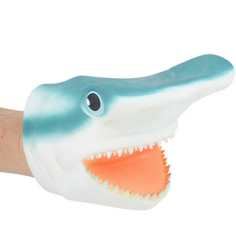 Hand wearing a colorful Hammerhead Shark Rubber Puppet with textured design and open mouth showing teeth.
