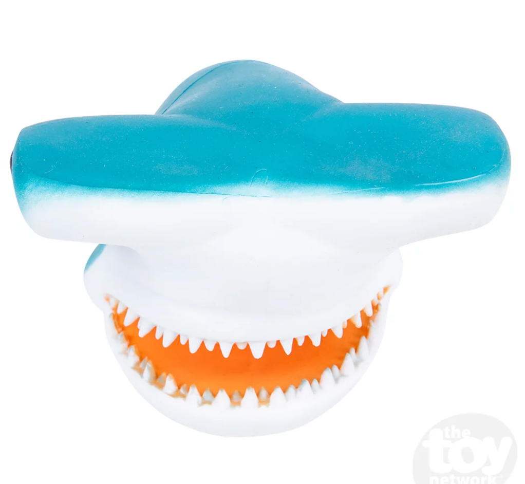 Hammerhead Shark Rubber Puppet with textured teal and white design, perfect for kids and shark fans ages 3 and up.