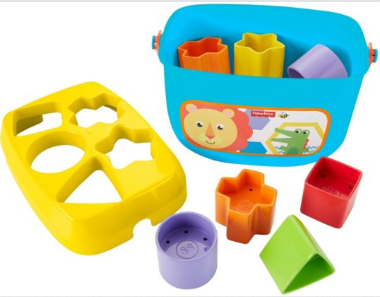 First Blocks Sorting Bucket with colorful chunky blocks and a yellow lid for teaching shapes and colors to toddlers.