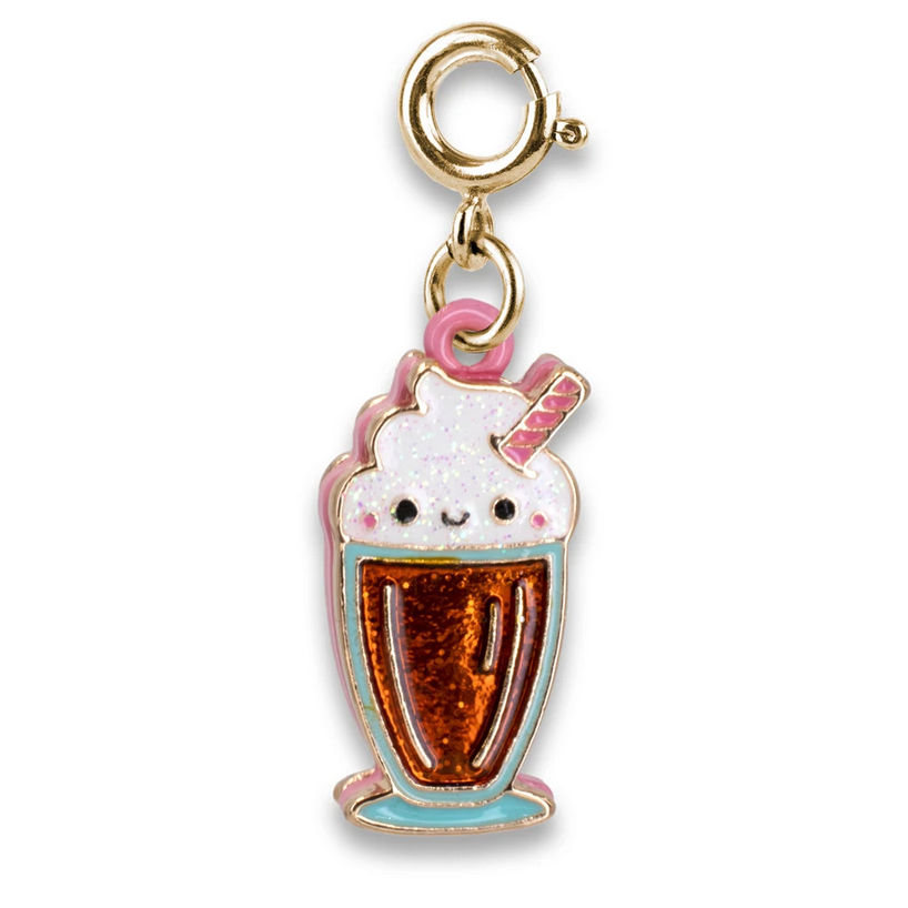 Gold Root Beer Float Charm featuring enamel and glitter details with a smiling float and pink straw design.