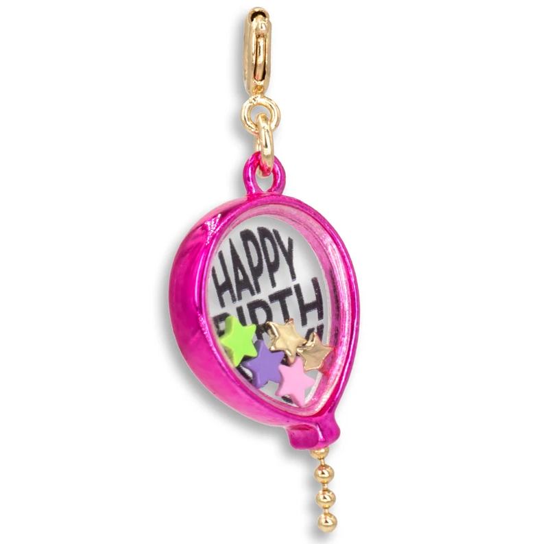 Gold Birthday Balloon Shaker Charm with colorful stars inside pink balloon and gold clasp for bracelets or necklaces.