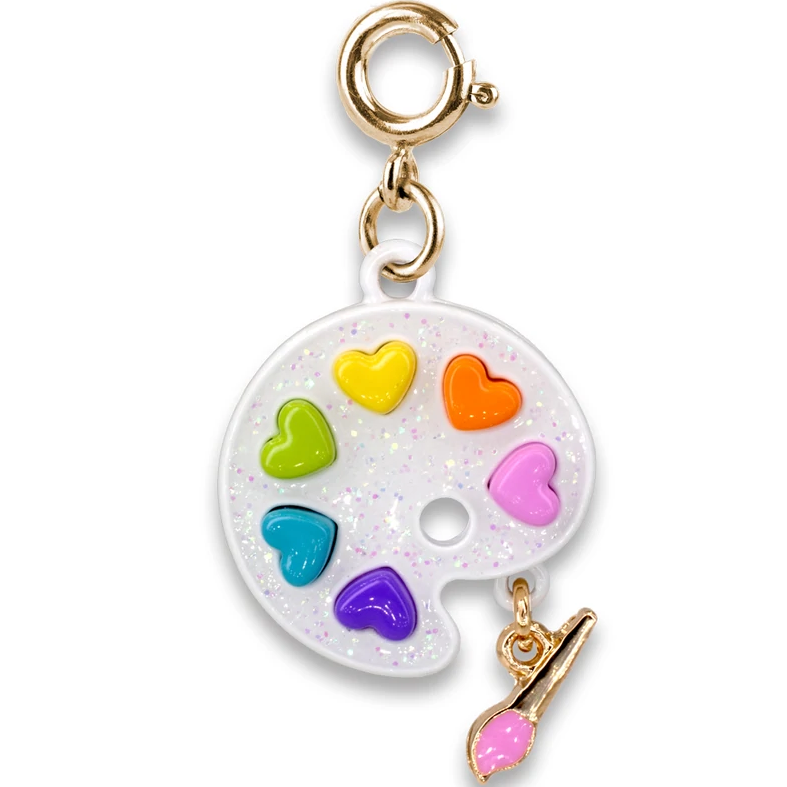 Gold Glitter Paint Charm featuring a heart-shaped paint palette with colorful enamel hearts and a dangling brush.