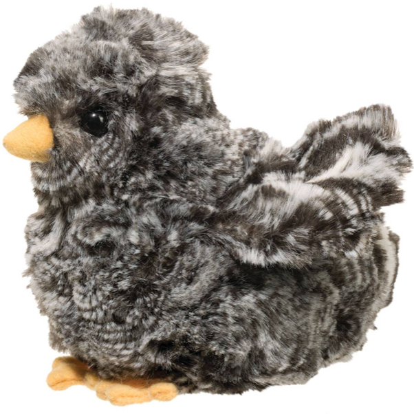 Black Chick stuffed animal with mottled gray plush, yellow beak and feet, and soft fluffy texture, approximately 4 inches tall.
