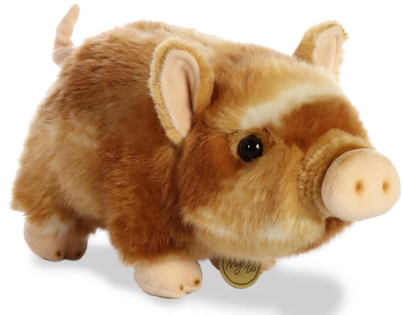 Pot Bellied Pig plush with brown and tan fur, short tail, and cute snout, 10 inch soft stuffed animal toy.