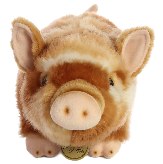 Pot Bellied Pig plush with brown and tan fur, soft texture, short tail, and detailed snout, perfect for all ages.