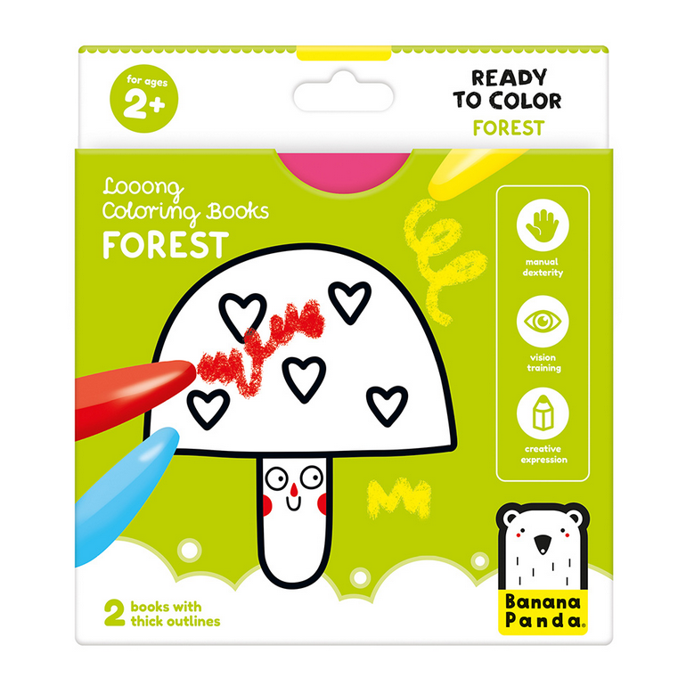 Loong Forest Coloring Book packaging showing a mushroom illustration with crayons for ages 2+ creative expression.