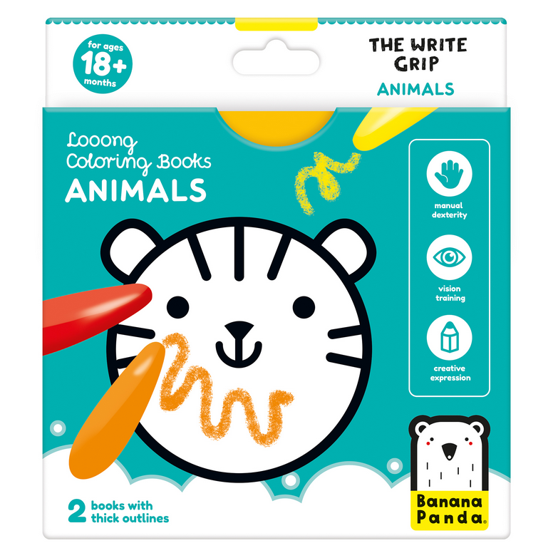 Loong Animals Coloring Book packaging showing a tiger illustration with crayons for toddlers 18+ months.