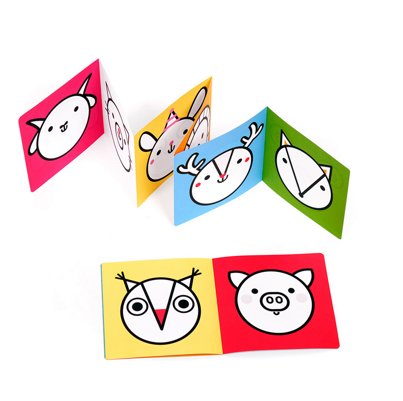 Loong Animals Coloring Book featuring simple, bold animal illustrations in a fold-out accordion style for young children.