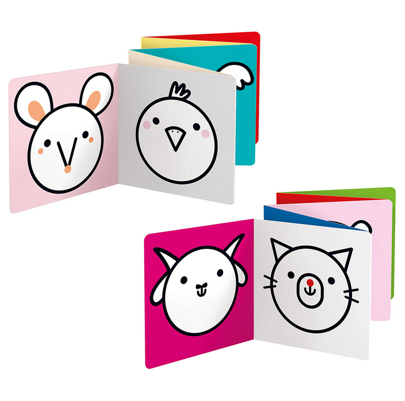 Loong Animals Coloring Book featuring two long accordion books with simple animal illustrations for toddlers.