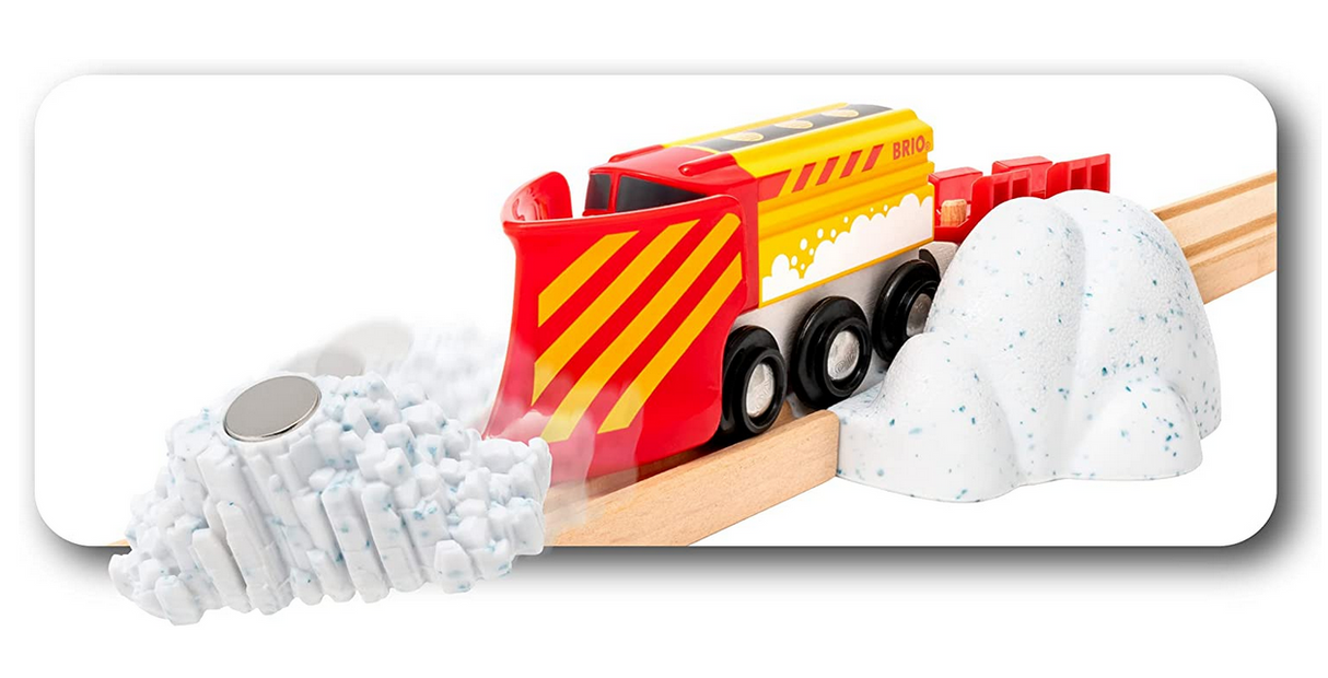 Snowplow Train toy clearing snow from wooden railway track next to snowy mountain for kids 3+ play.