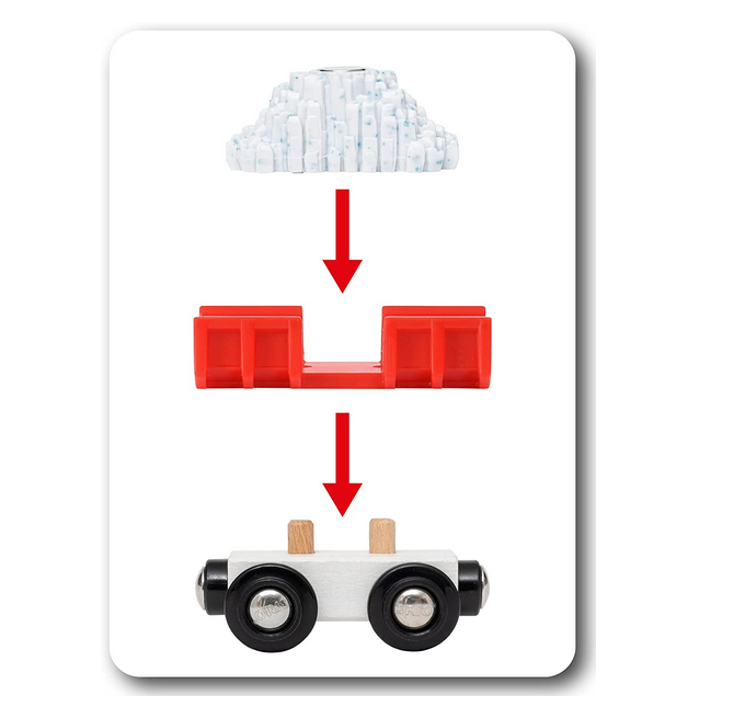 Snowplow Train showing assembly of the red blade onto the wooden train base for snowy track clearing play.