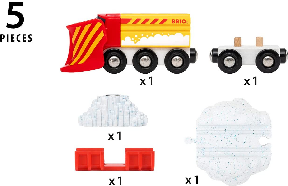 Snowplow Train toy set with bright red and yellow snowplow and snowy track pieces for imaginative winter play.