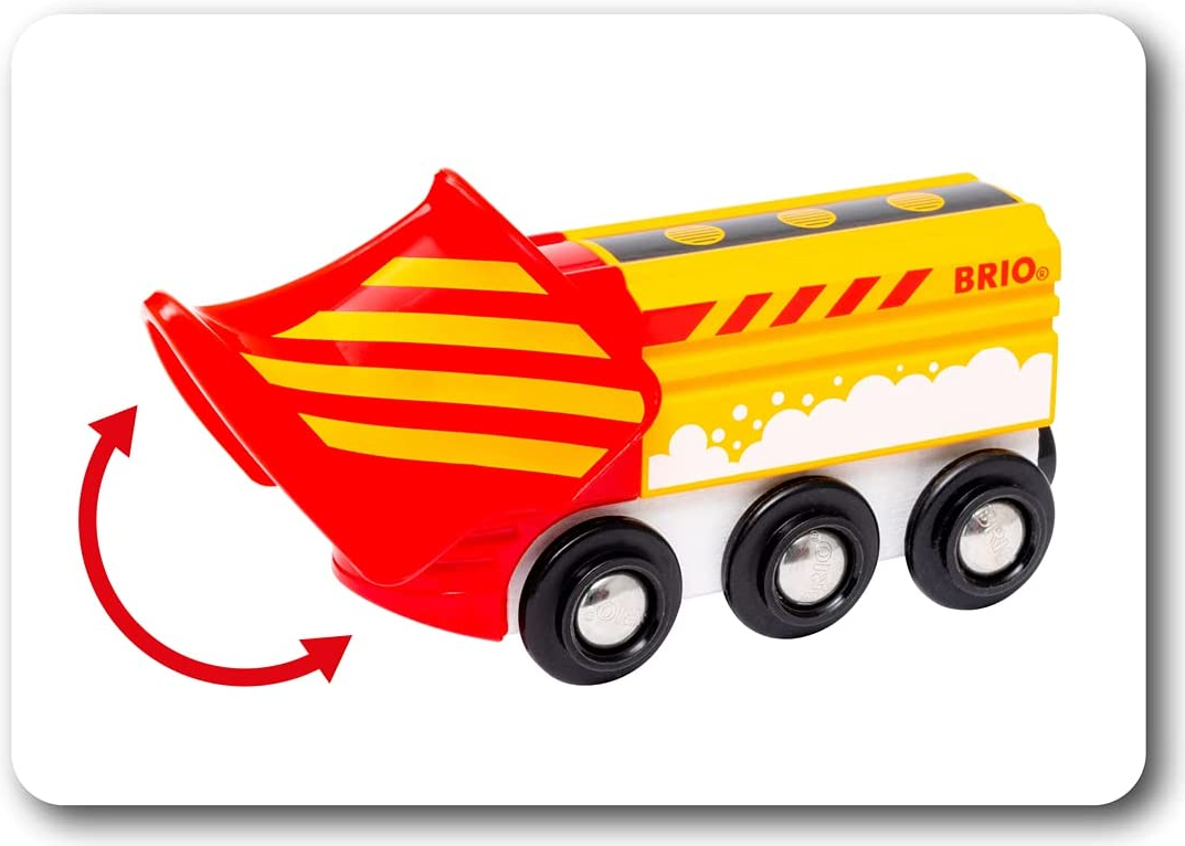 Snowplow Train toy with red and yellow snowplow blade that lifts and clears snowy tracks for BRIO World play.