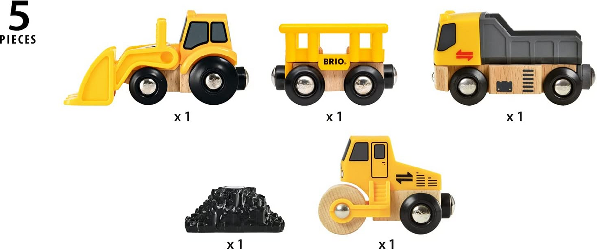 Construction Vehicles set with wooden loader, tipper truck, steam roller, wagon, and concrete pile for kids 3+.