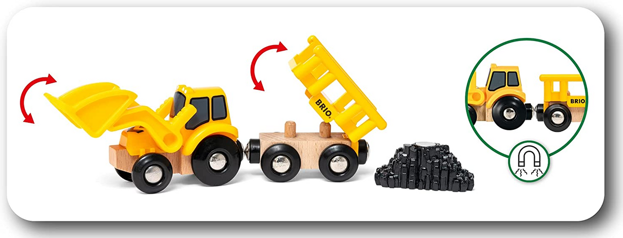 Construction Vehicles set showing yellow loader with tipping wagon and black concrete pile for imaginative play.