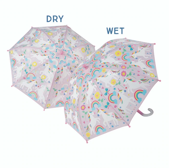 Color-Change Umbrella | Rainbow Unicorn showing dry and wet states with colorful unicorns and rainbows on white background.