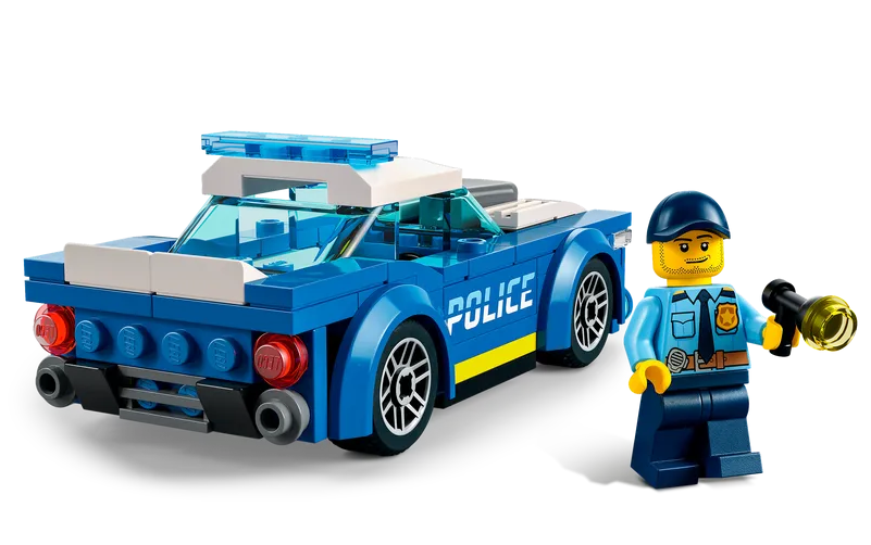 LEGO City Police Car with sporty blue patrol vehicle and police officer minifigure holding a flashlight and wearing a cap