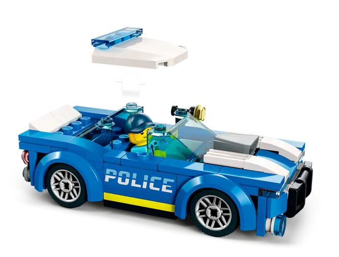 City Police Car LEGO toy police patrol car with sporty rims, wide fenders, and police officer minifigure for kids ages 5+