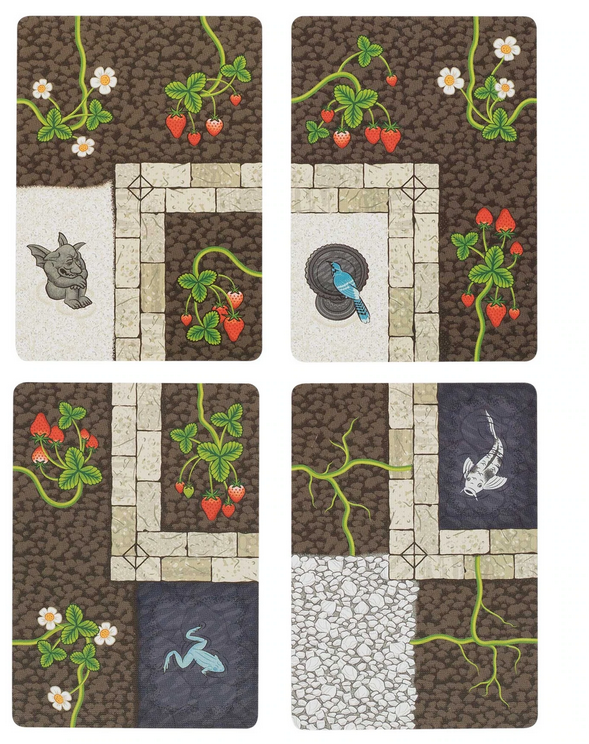 Strawberry Sunset game cards showing strawberry plants, garden paths, koi pond, gnome statue, and a bluebird.