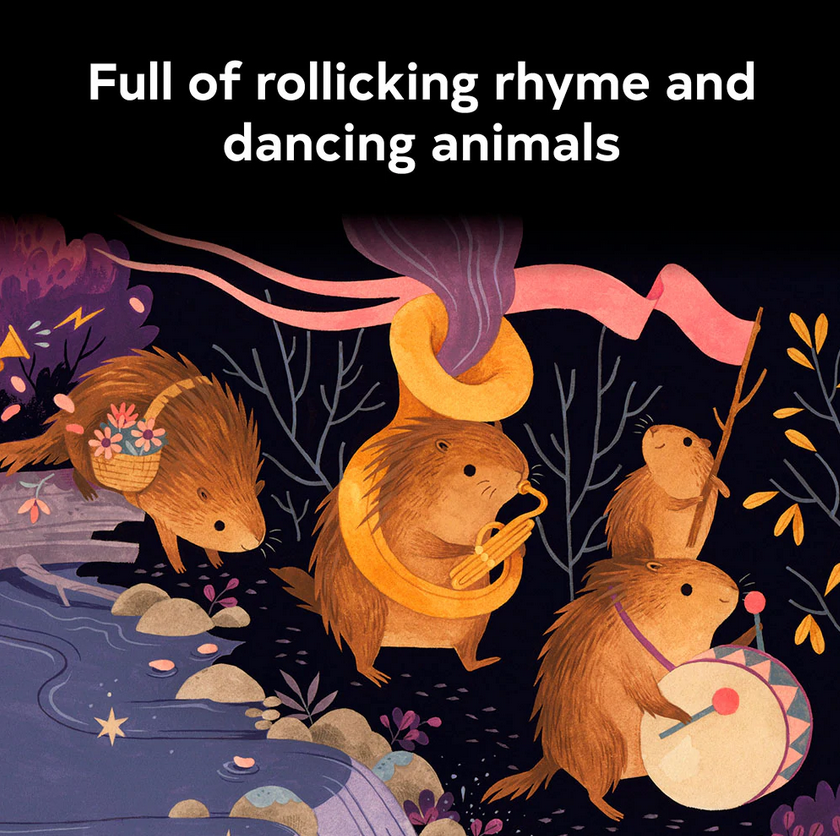 Moonlight Prance shows hedgehogs playing instruments by a stream in a charming, interactive nighttime scene.