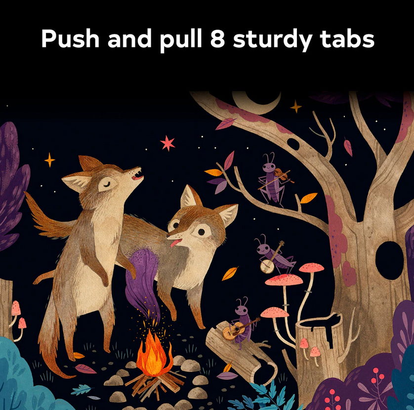 Moonlight Prance shows playful foxes and musical insects in a nighttime forest scene with interactive tabs to push and pull.