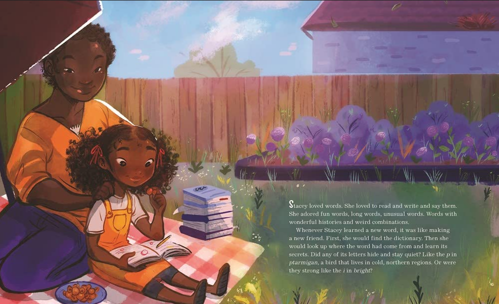 Illustration from Stacey's Extraordinary Words showing a young girl reading with her grandmother in a sunny garden.