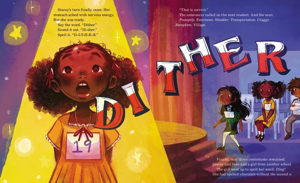 Illustration from Stacey's Extraordinary Words showing Stacey nervously spelling "Dither" at a local spelling bee competition.