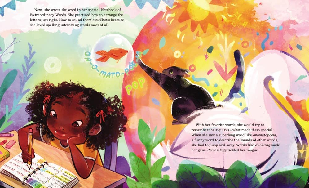 Illustration from Stacey's Extraordinary Words showing a girl practicing spelling with a notebook and a joyful dog nearby.