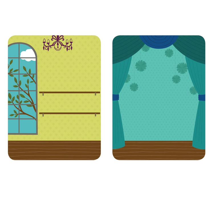 Magnetic Woodland Ballet Set with two illustrated background scenes of a ballet studio and stage for magnetic dress-up play.