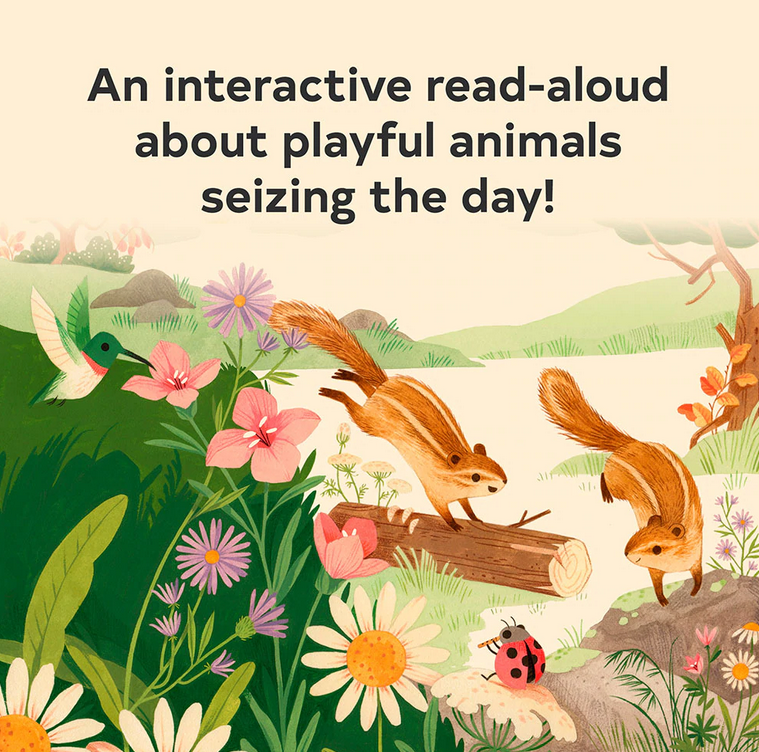 Sunrise Dance features playful animals like squirrels and hummingbird in a colorful garden setting.