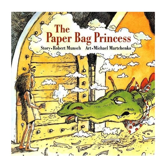The Paper Bag Princess book cover showing Princess Elizabeth confronting a green dragon near a castle door.