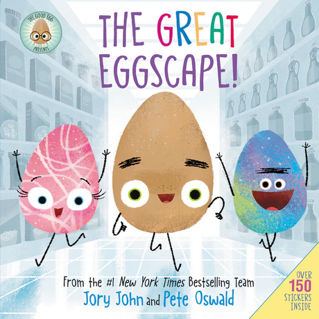 The Great Eggscape cover shows three colorful animated eggs happily escaping in a bright, fun setting.