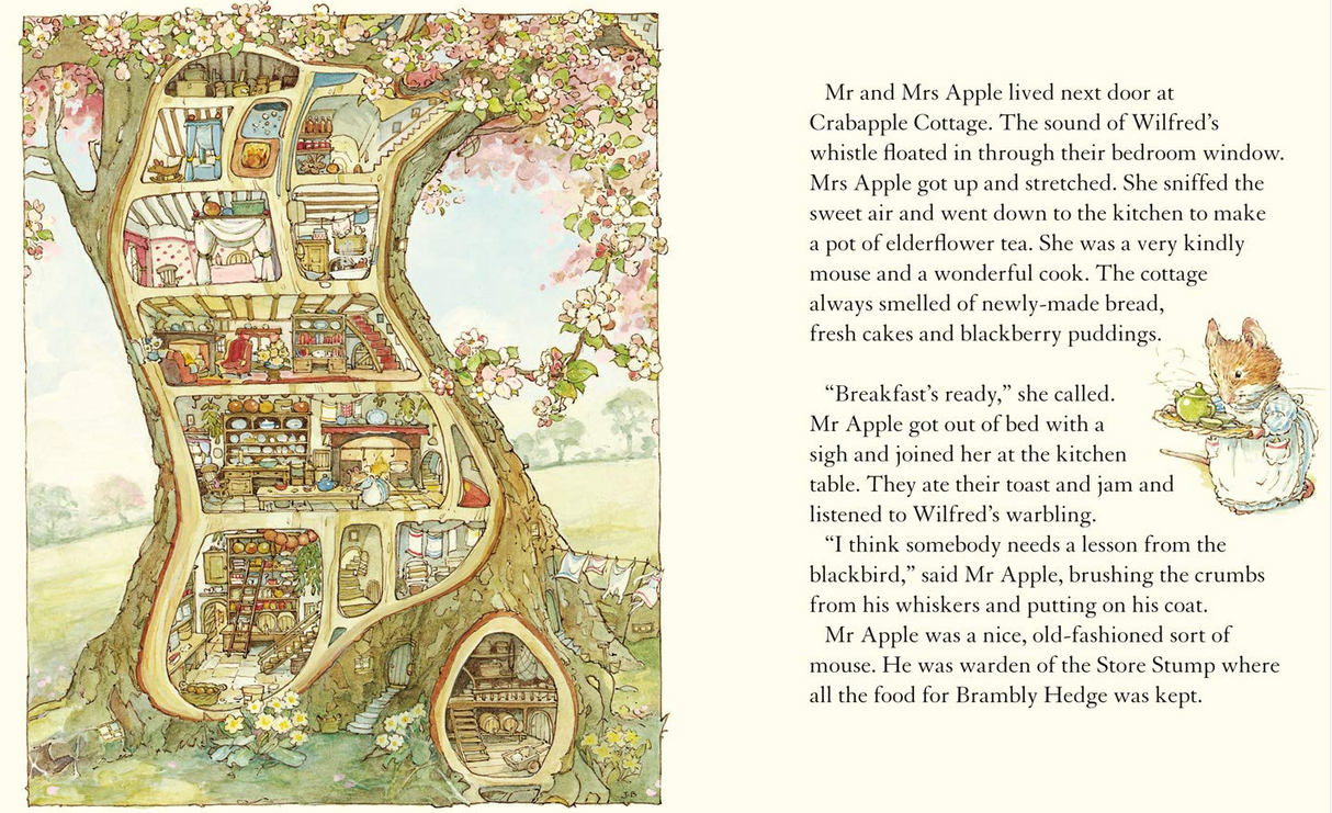 Brambly Hedge Spring Story showcasing a detailed, whimsical treehouse illustration from Jill Barklem’s 40th anniversary book.