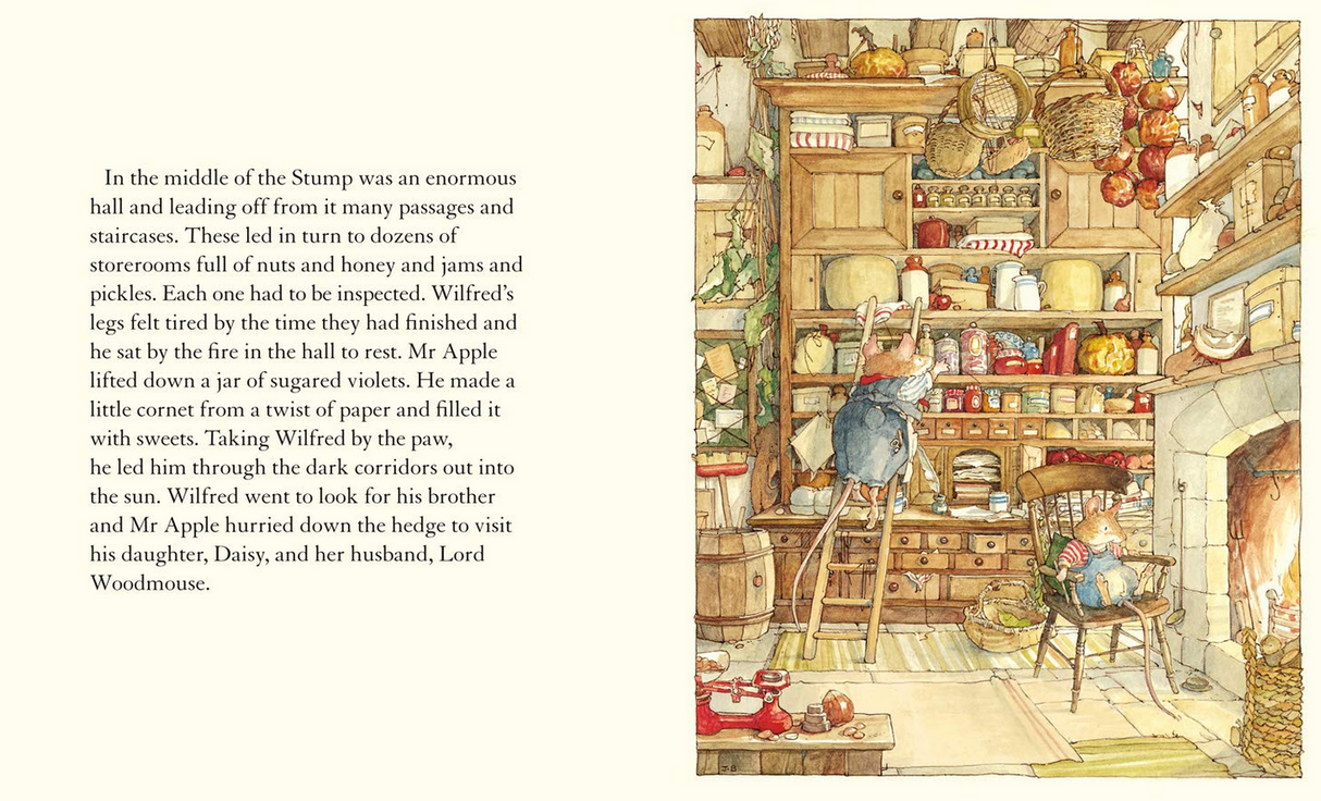 Brambly Hedge Spring Story illustration showing a cozy pantry filled with jars and wooden shelves in a warm cottage.