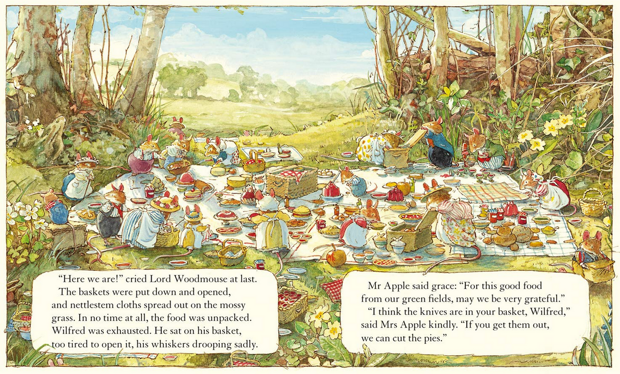 Brambly Hedge Spring Story showing mice enjoying a detailed outdoor picnic in a lush, grassy woodland setting.